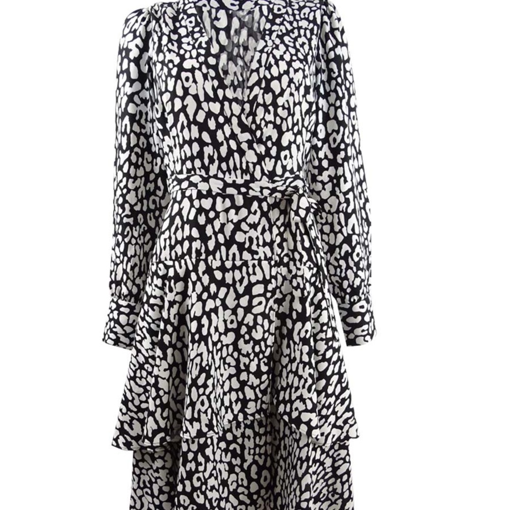 Calvin Klein | Black & White Leopard Print MIDI Wrap Dress